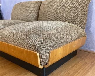 2pc 1970s Thonet Bent Plywood Plush Armless Loveseat & Chair PAIR Sofa Couch Bentwood Molded Wood	Loveseat: 28x56.5x34. Seat: 24.5 chair:28x29x34in seat:  14.5in	HxWxD
