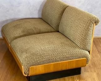 2pc 1970s Thonet Bent Plywood Plush Armless Loveseat & Chair PAIR Sofa Couch Bentwood Molded Wood	Loveseat: 28x56.5x34. Seat: 24.5 chair:28x29x34in seat:  14.5in	HxWxD
