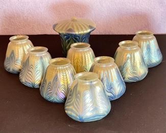 Antique 9pc Loetz Phaenomen PG 2/187 Glass Lamp Shades Iridescent Pulled Feather  Favrile		
