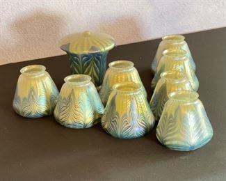 Antique 9pc Loetz Phaenomen PG 2/187 Glass Lamp Shades Iridescent Pulled Feather  Favrile		
