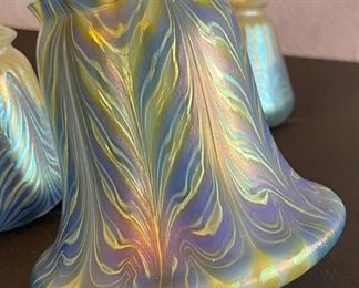 Antique 9pc Loetz Phaenomen PG 2/187 Glass Lamp Shades Iridescent Pulled Feather  Favrile		
