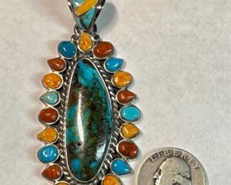Signed Native American Turquoise/Coral/Spiny Oyster Pendant	79x36mm	
