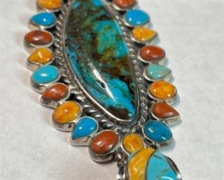 Signed Native American Turquoise/Coral/Spiny Oyster Pendant	79x36mm	
