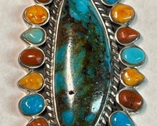Signed Native American Turquoise/Coral/Spiny Oyster Pendant	79x36mm	
