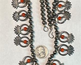 Antique Navajo Squash Blossom Silver & Coral Native American Pawn Necklace	25in	
