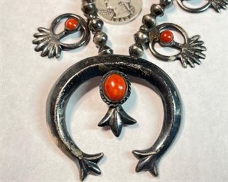 Antique Navajo Squash Blossom Silver & Coral Native American Pawn Necklace	25in	
