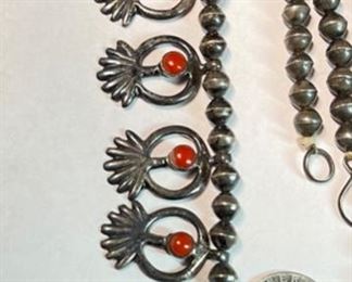 Antique Navajo Squash Blossom Silver & Coral Native American Pawn Necklace	25in	

