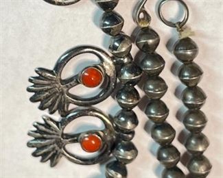 Antique Navajo Squash Blossom Silver & Coral Native American Pawn Necklace	25in	
