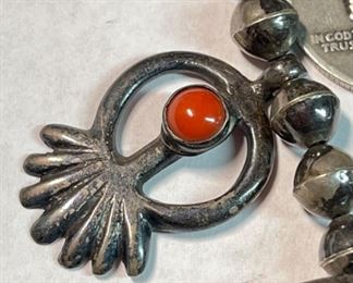 Antique Navajo Squash Blossom Silver & Coral Native American Pawn Necklace	25in	
