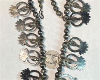Antique Navajo Squash Blossom Silver & Coral Native American Pawn Necklace	25in	
