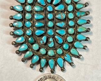Zuni Silver & Turquoise Petit Point Pendant Belt Buckle Native American  Pawn Jewelry	2.75 x 2.25in	
