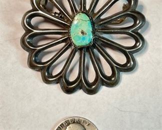 Navajo Sand Cast Silver & Turquoise Rosette Concho Belt Buckle Pendant Native American	2.5x2.5in	

