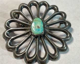 Navajo Sand Cast Silver & Turquoise Rosette Concho Belt Buckle Pendant Native American	2.5x2.5in	
