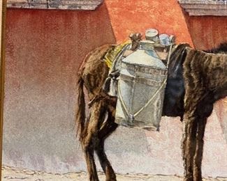 Original Art James Asher Waiting by the Red Wall Watercolor Painting	Frame: 19x22.5in. Art: 9x12in	
