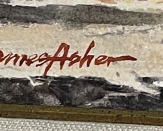 Original Art James Asher Waiting by the Red Wall Watercolor Painting	Frame: 19x22.5in. Art: 9x12in	
