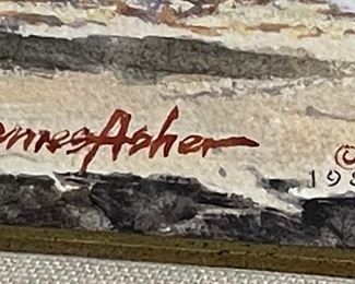 Original Art James Asher Waiting by the Red Wall Watercolor Painting	Frame: 19x22.5in. Art: 9x12in	
