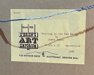 Original Art James Asher Waiting by the Red Wall Watercolor Painting	Frame: 19x22.5in. Art: 9x12in	
