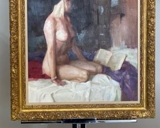 Original Art Kang Cho Model Reading Oil Painting  Nude	Frame: 29.75x25.75 Art: 24x20in	
