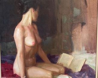 Original Art Kang Cho Model Reading Oil Painting  Nude	Frame: 29.75x25.75 Art: 24x20in	
