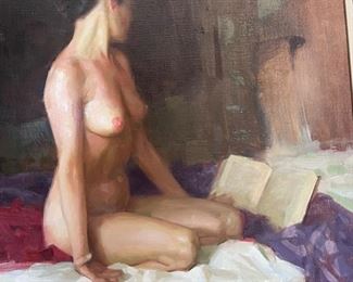 Original Art Kang Cho Model Reading Oil Painting  Nude	Frame: 29.75x25.75 Art: 24x20in	
