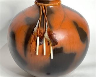 Studio Made Native American  Feather & Bone Tassel  Pot Pottery	13in H x 12.75in Diameter	
