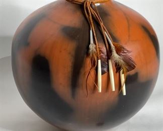 Studio Made Native American  Feather & Bone Tassel  Pot Pottery	13in H x 12.75in Diameter	
