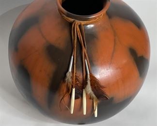 Studio Made Native American  Feather & Bone Tassel  Pot Pottery	13in H x 12.75in Diameter	
