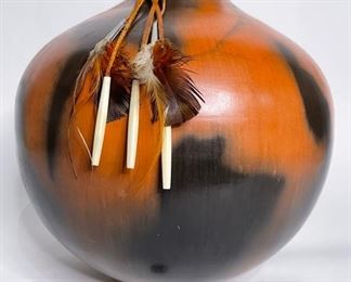 Studio Made Native American  Feather & Bone Tassel  Pot Pottery	13in H x 12.75in Diameter	

