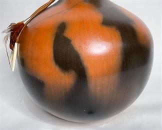 Studio Made Native American  Feather & Bone Tassel  Pot Pottery	13in H x 12.75in Diameter	
