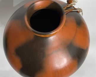 Studio Made Native American  Feather & Bone Tassel  Pot Pottery	13in H x 12.75in Diameter	
