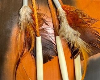 Studio Made Native American  Feather & Bone Tassel  Pot Pottery	13in H x 12.75in Diameter	
