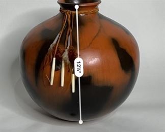 Studio Made Native American  Feather & Bone Tassel  Pot Pottery	13in H x 12.75in Diameter	
