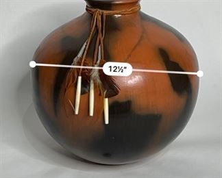 Studio Made Native American  Feather & Bone Tassel  Pot Pottery	13in H x 12.75in Diameter	
