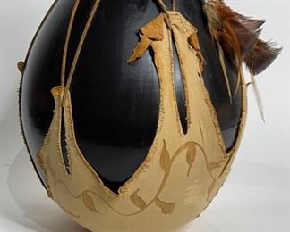 Studio Made Native American Leather Wrapped Pot Pottery	15.5in H x 12in Diameter	
