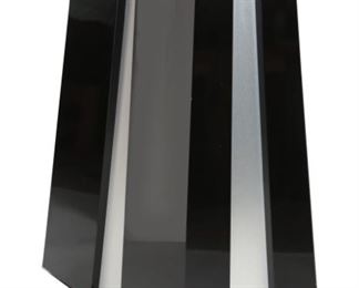 Black Lacquer & Brushed Steel Pedestal Stand	36.75in H  Top: 24.25x12.25. Bottom: 30x18im	
