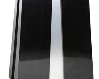Black Lacquer & Brushed Steel Pedestal Stand	36.75in H  Top: 24.25x12.25. Bottom: 30x18im	
