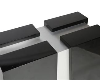 Black Lacquer & Brushed Steel Pedestal Stand	36.75in H  Top: 24.25x12.25. Bottom: 30x18im	
