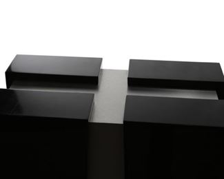 Black Lacquer & Brushed Steel Pedestal Stand	36.75in H  Top: 24.25x12.25. Bottom: 30x18im	

