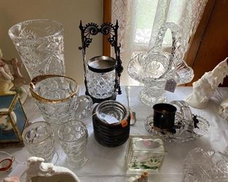 Vintage Pickle Castor,
Sterling Rimmed Coasters,
Glass Baskets,