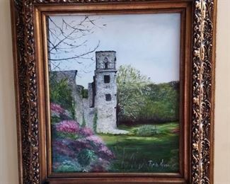 Beautiful Castle Ruins Original Oil Painting by Rosie Hipps in Gorgeous Black Gold Frame