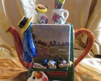 Charming Tony Carter Renoir Ceramic Teapot Artist Easel
