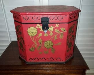 Decorative 6 Sided Red Black and Gold Wooden Box