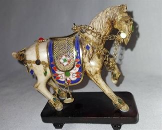 Detailed Bovine Bone and Cloisonne Saddled Tang Horse on Stand