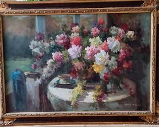 Lovely Floral Still Life Original Oil Painting Signed in Beautiful Gold Accent Frame