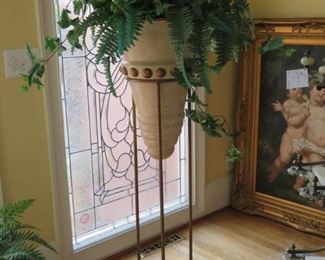 Mid Century Beige and Gold Fiberglass Planter with Artificial Fern