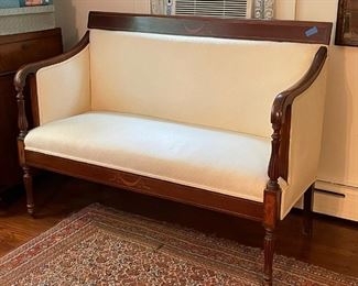 FEDERAL INLAID SETTEE | Inlaid decoration, carved turn supports, white upholstery in very good condition; h. 38 x 51 x 25 in. 
