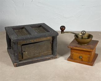 (2pc) ANTIQUE ITEMS | Including a perforated warming box (h. 7 x w. 10 x d. 9 in,) and an antique coffee grinder 