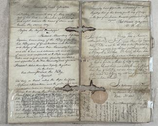 1808 DOCUMENT CORRESPONDENCE | Two leaves, double-sided (ea. 13 x 7-1/4 in.), burnt edges and some toning, partial seal 