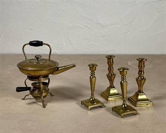 (5pc) MINIATURE BRASS | Including two pairs of brass candlesticks (tallest h. 3-3/4 in.) and a pot/kettle on stand with burner tray (h. 5 in.) 