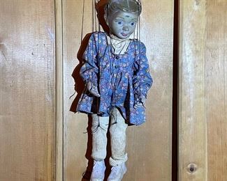 ANTIQUE MARIONETTE PUPPET | Painted wood puppet of a girl with cloth body, having a floral dress; figure h. 13 in. 